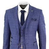 Traje de hombre de tweed azul de 3 piezas a cuadros, reloj de bolsillo, corte entallado, estilo Peaky Blinders.