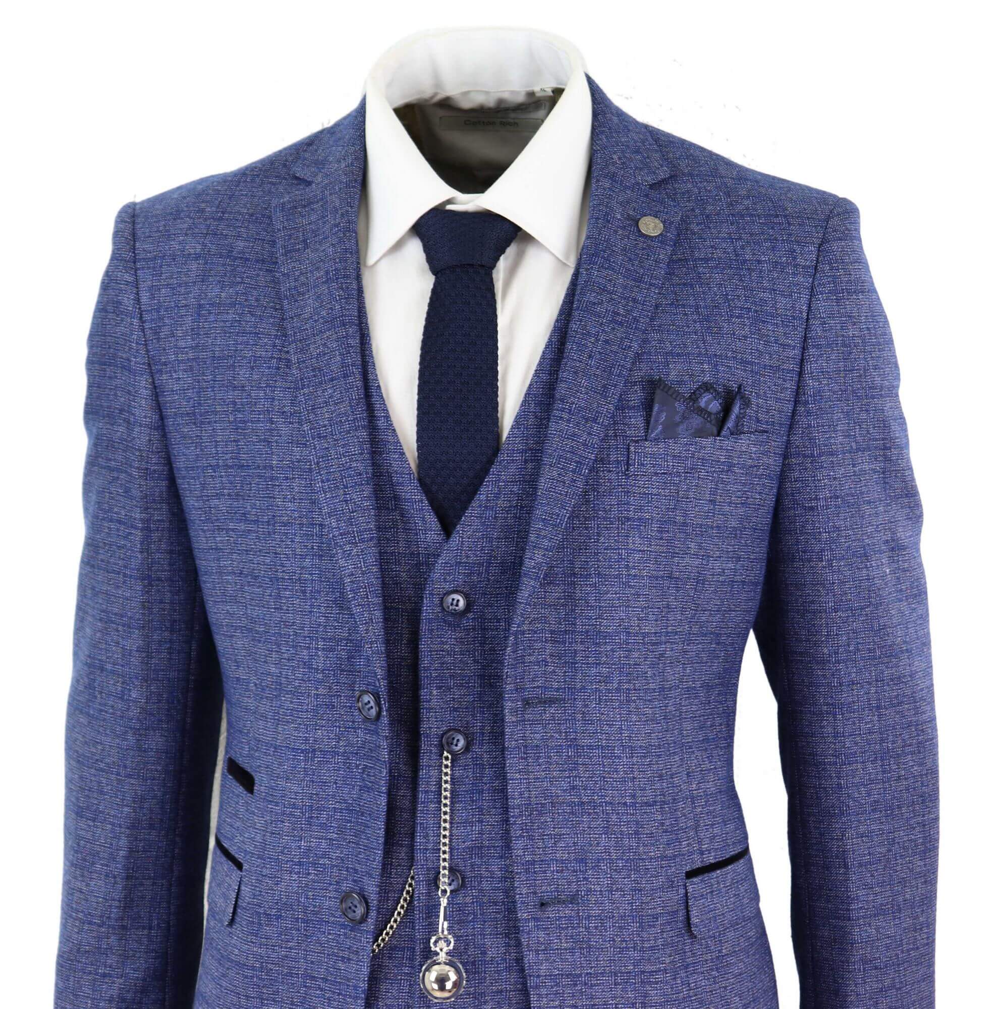 Traje de hombre de tweed azul de 3 piezas a cuadros, reloj de bolsillo, corte entallado, estilo Peaky Blinders.