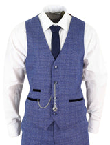 Traje de hombre de tweed azul de 3 piezas a cuadros, reloj de bolsillo, corte entallado, estilo Peaky Blinders.