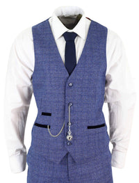 Traje de hombre de tweed azul de 3 piezas a cuadros, reloj de bolsillo, corte entallado, estilo Peaky Blinders.