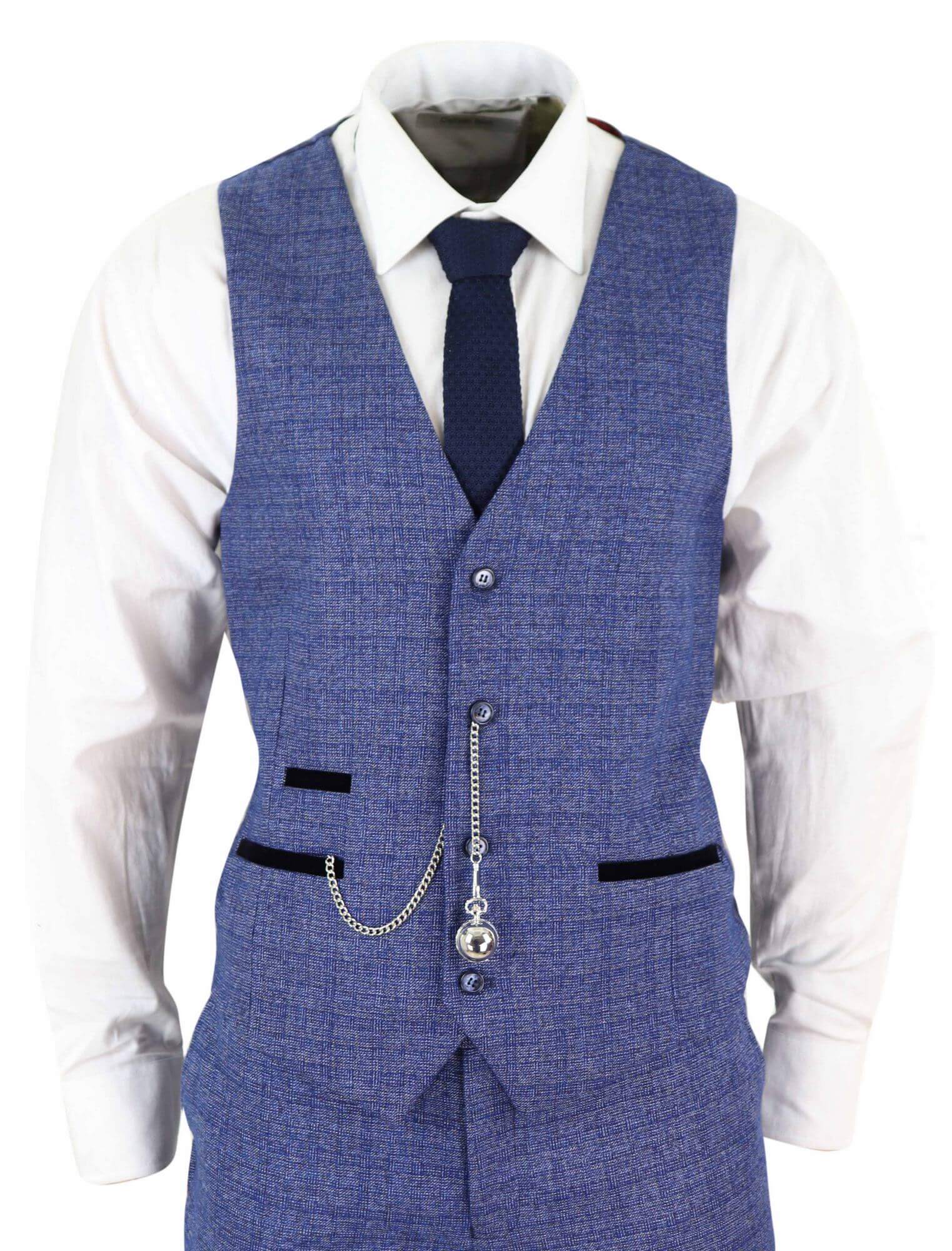 Traje de hombre de tweed azul de 3 piezas a cuadros, reloj de bolsillo, corte entallado, estilo Peaky Blinders.