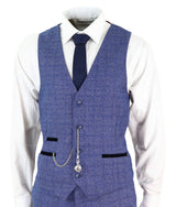 Traje de hombre de tweed azul de 3 piezas a cuadros, reloj de bolsillo, corte entallado, estilo Peaky Blinders.
