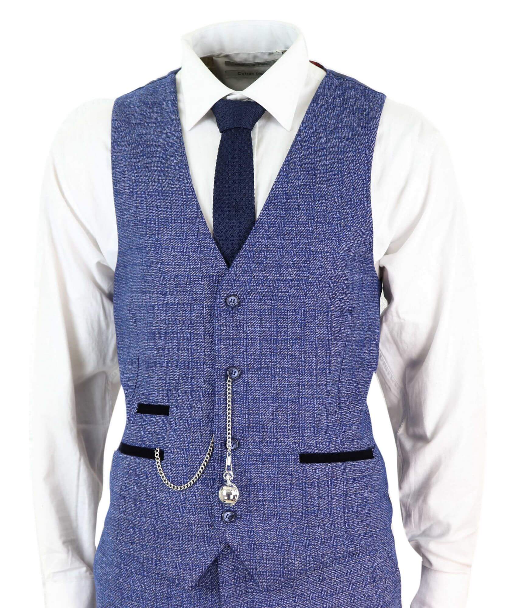 Traje de hombre de tweed azul de 3 piezas a cuadros, reloj de bolsillo, corte entallado, estilo Peaky Blinders.