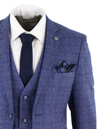 Traje de hombre de tweed azul de 3 piezas a cuadros, reloj de bolsillo, corte entallado, estilo Peaky Blinders.