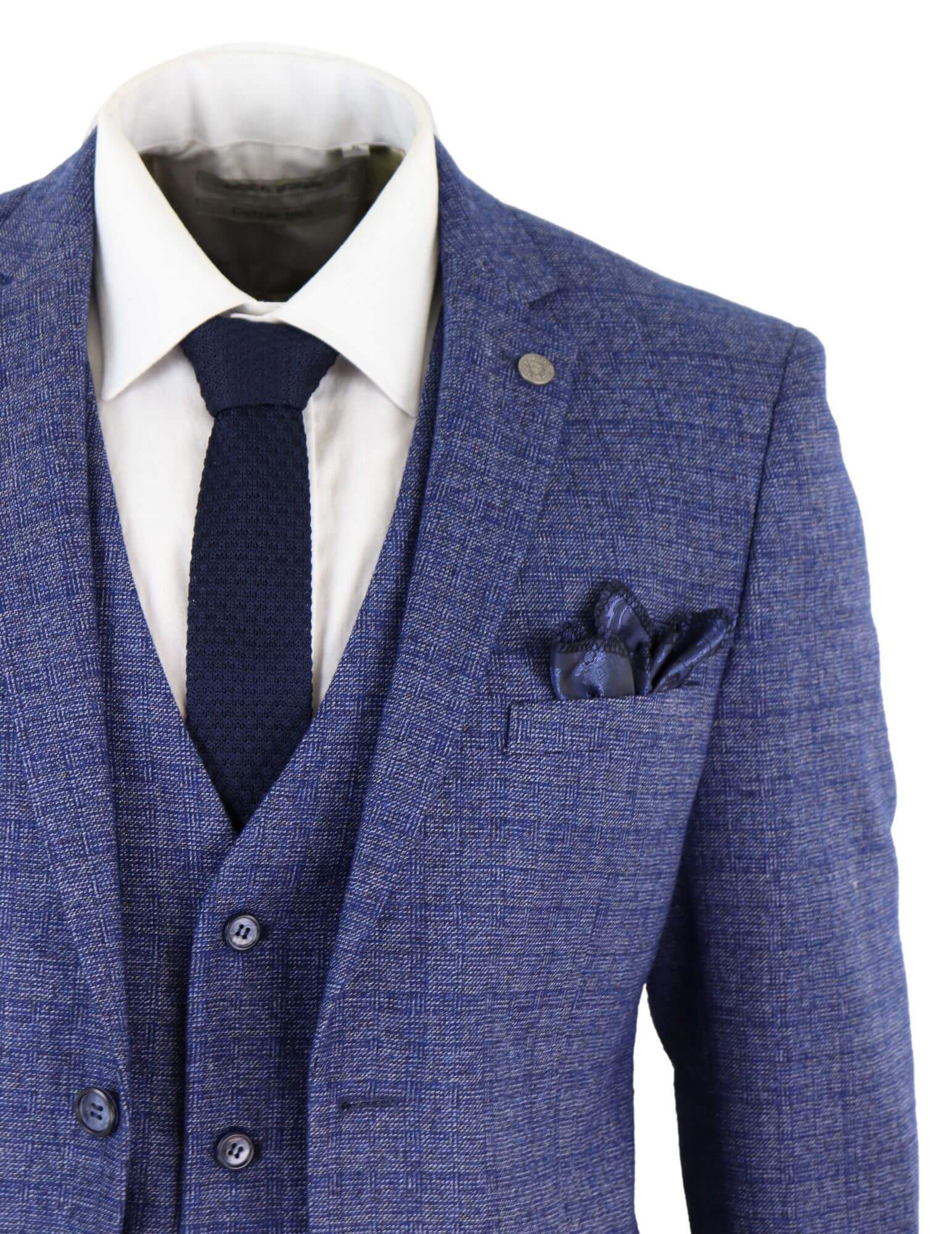Traje de hombre de tweed azul de 3 piezas a cuadros, reloj de bolsillo, corte entallado, estilo Peaky Blinders.