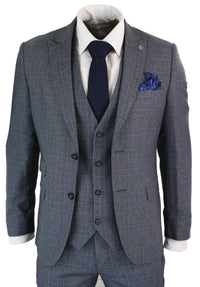 Paul Andrew Henry - Traje de hombre de 3 piezas a medida con estampado Príncipe de Gales en tweed gris y azul, estilo vintage retro.