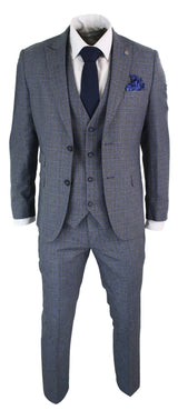 Paul Andrew Henry - Traje de hombre de 3 piezas a medida con estampado Príncipe de Gales en tweed gris y azul, estilo vintage retro.