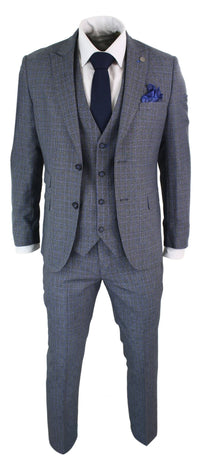 Paul Andrew Henry - Traje de hombre de 3 piezas a medida con estampado Príncipe de Gales en tweed gris y azul, estilo vintage retro.