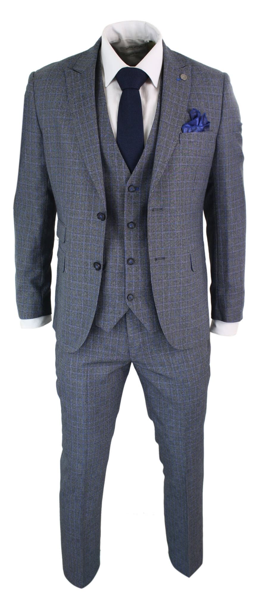 Paul Andrew Henry - Traje de hombre de 3 piezas a medida con estampado Príncipe de Gales en tweed gris y azul, estilo vintage retro.