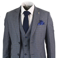 Paul Andrew Henry - Traje de hombre de 3 piezas a medida con estampado Príncipe de Gales en tweed gris y azul, estilo vintage retro.