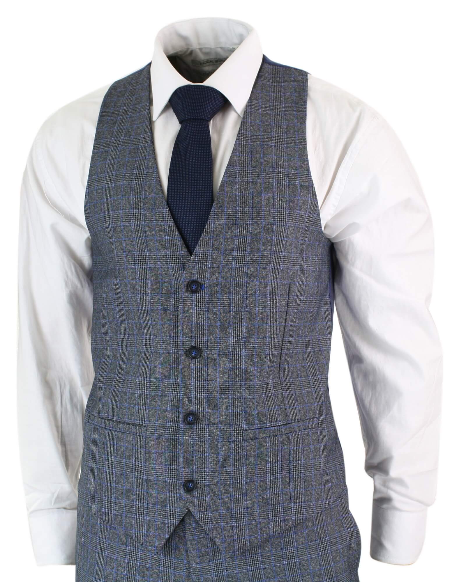 Paul Andrew Henry - Traje de hombre de 3 piezas a medida con estampado Príncipe de Gales en tweed gris y azul, estilo vintage retro.