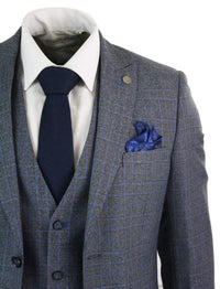 Paul Andrew Henry - Traje de hombre de 3 piezas a medida con estampado Príncipe de Gales en tweed gris y azul, estilo vintage retro.