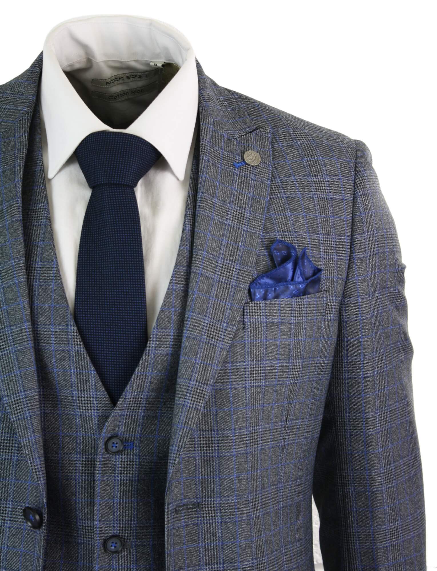 Paul Andrew Henry - Traje de hombre de 3 piezas a medida con estampado Príncipe de Gales en tweed gris y azul, estilo vintage retro.