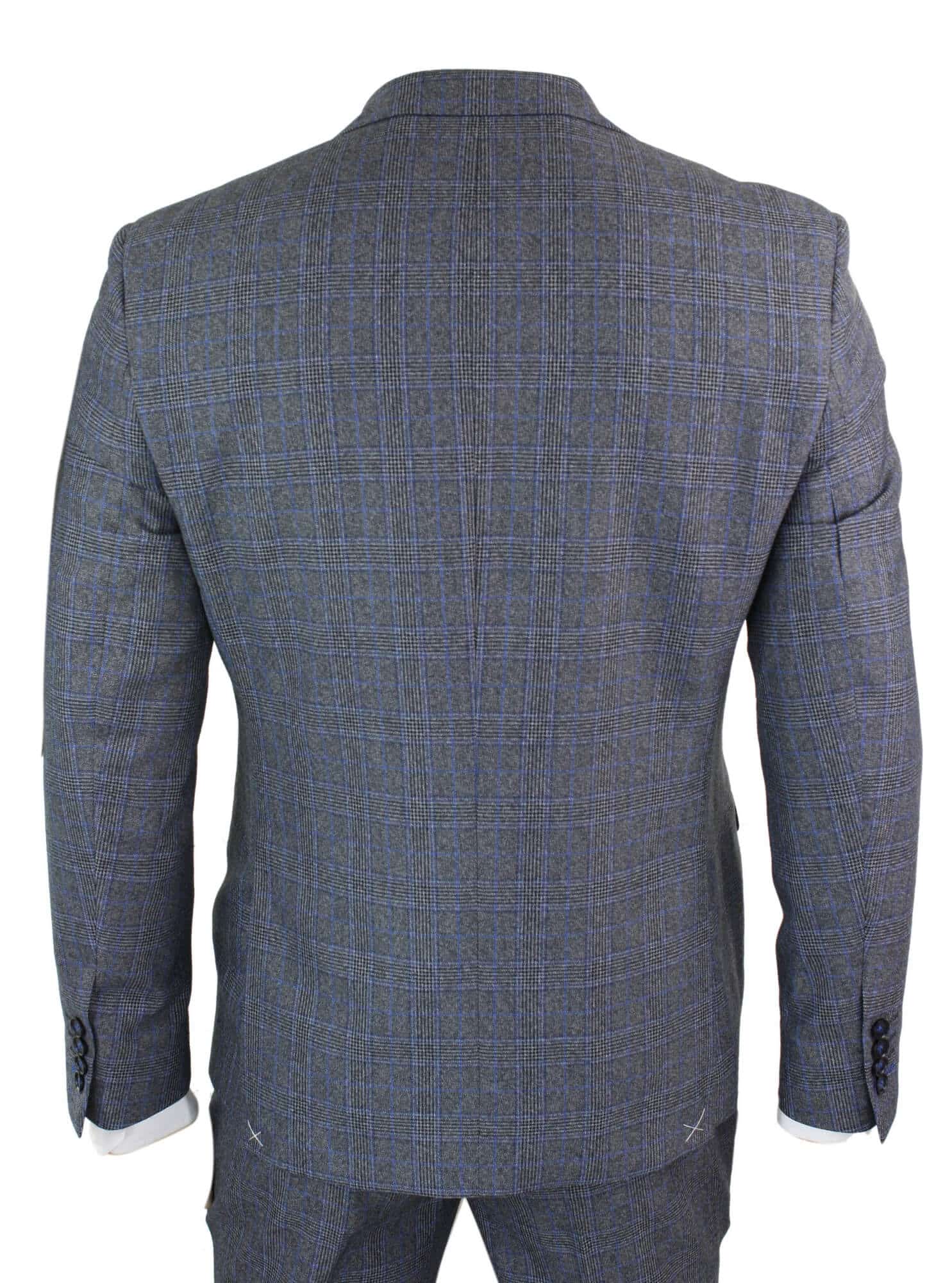 Paul Andrew Henry - Traje de hombre de 3 piezas a medida con estampado Príncipe de Gales en tweed gris y azul, estilo vintage retro.
