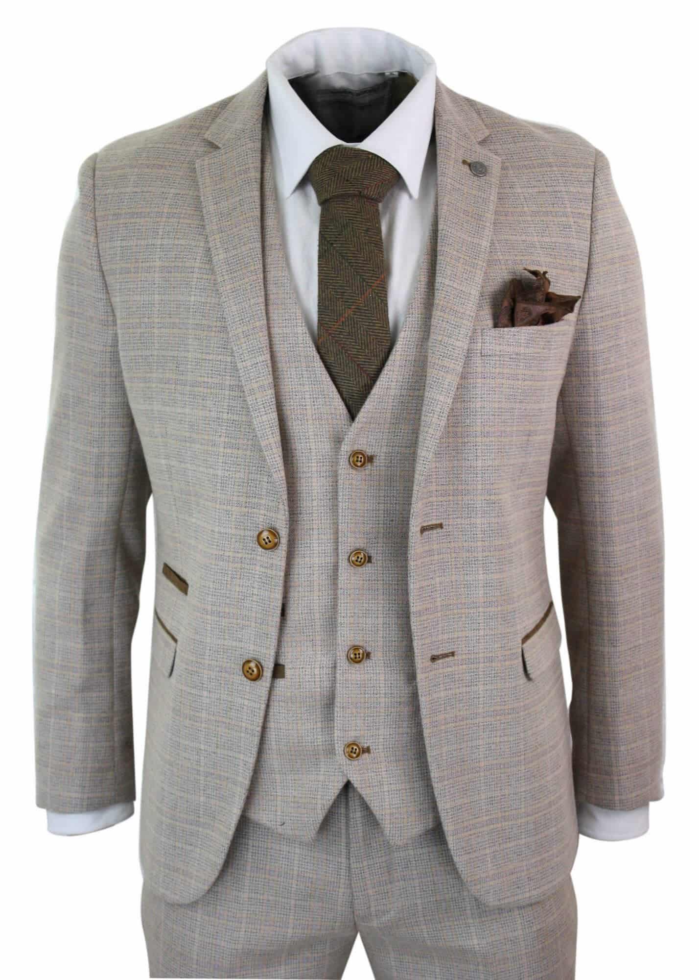 Paul Andrew Holland - Traje de tres piezas de tweed a cuadros beige y marrón para hombre, ideal para bodas, graduaciones, estilo vintage retro clásico.