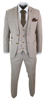 Paul Andrew Holland - Traje de tres piezas de tweed a cuadros beige y marrón para hombre, ideal para bodas, graduaciones, estilo vintage retro clásico.
