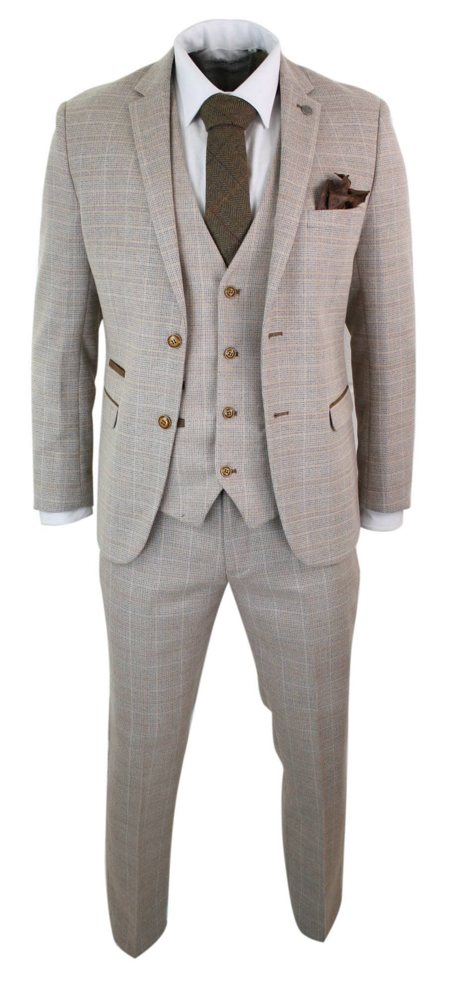 Paul Andrew Holland - Traje de tres piezas de tweed a cuadros beige y marrón para hombre, ideal para bodas, graduaciones, estilo vintage retro clásico.
