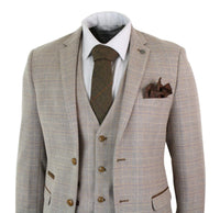 Paul Andrew Holland - Traje de tres piezas de tweed a cuadros beige y marrón para hombre, ideal para bodas, graduaciones, estilo vintage retro clásico.
