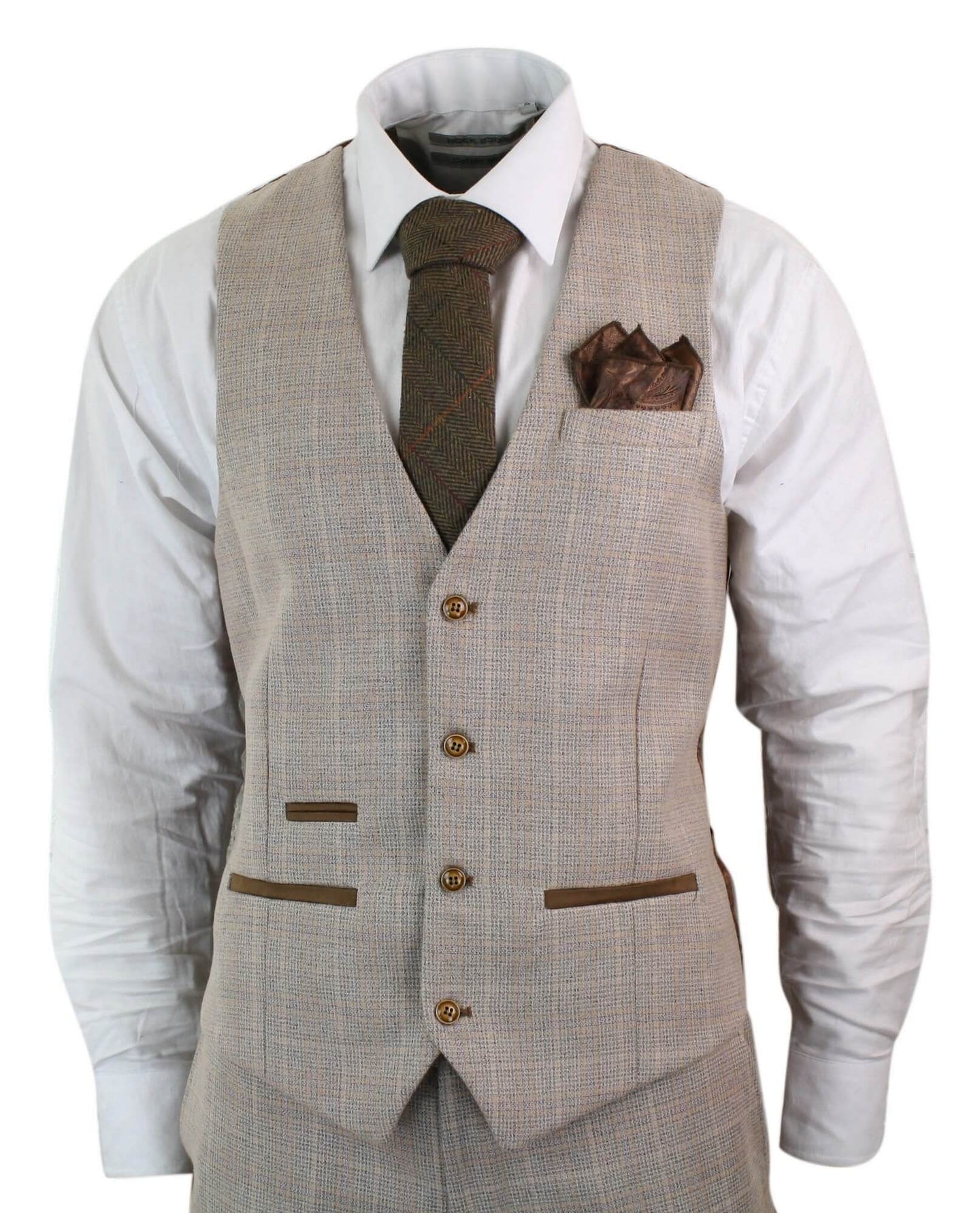 Paul Andrew Holland - Traje de tres piezas de tweed a cuadros beige y marrón para hombre, ideal para bodas, graduaciones, estilo vintage retro clásico.