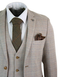 Paul Andrew Holland - Traje de tres piezas de tweed a cuadros beige y marrón para hombre, ideal para bodas, graduaciones, estilo vintage retro clásico.