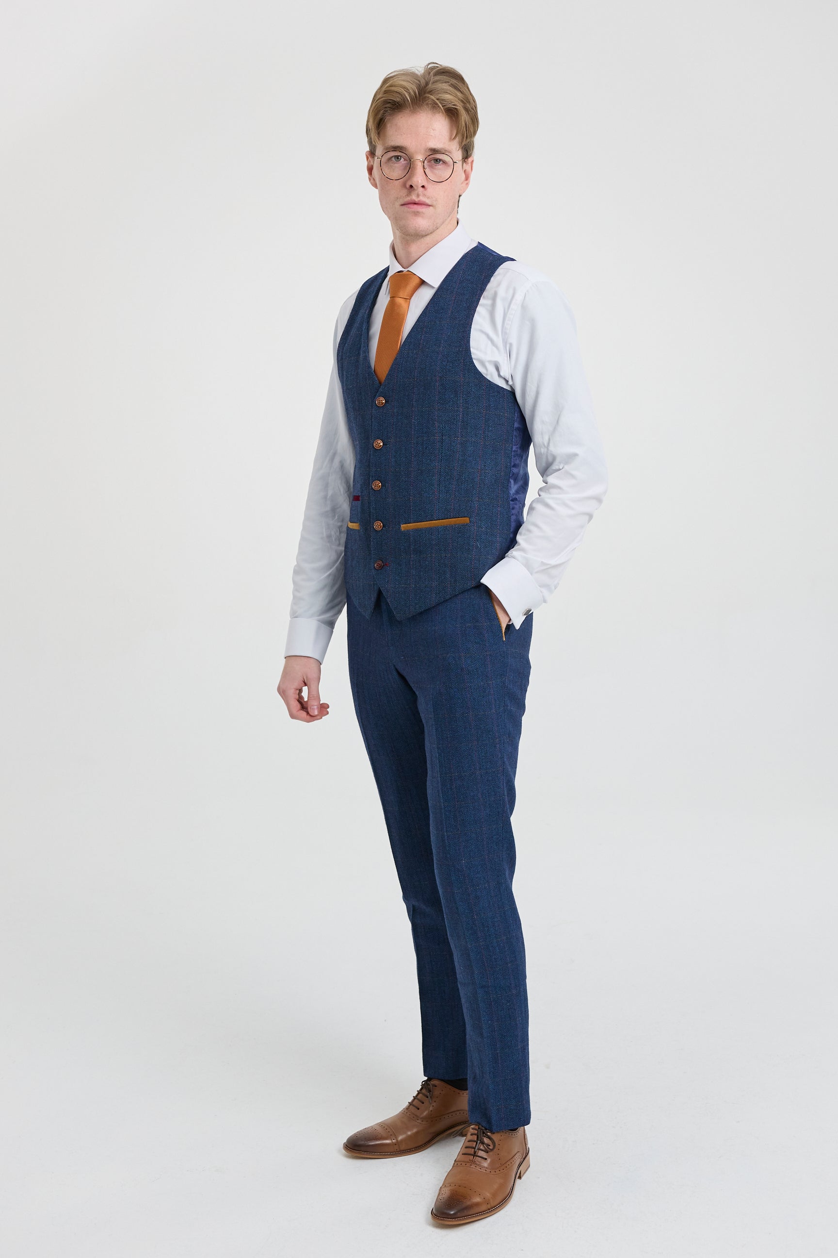 Traje de tres piezas de tweed a cuadros azul para hombre de Scott