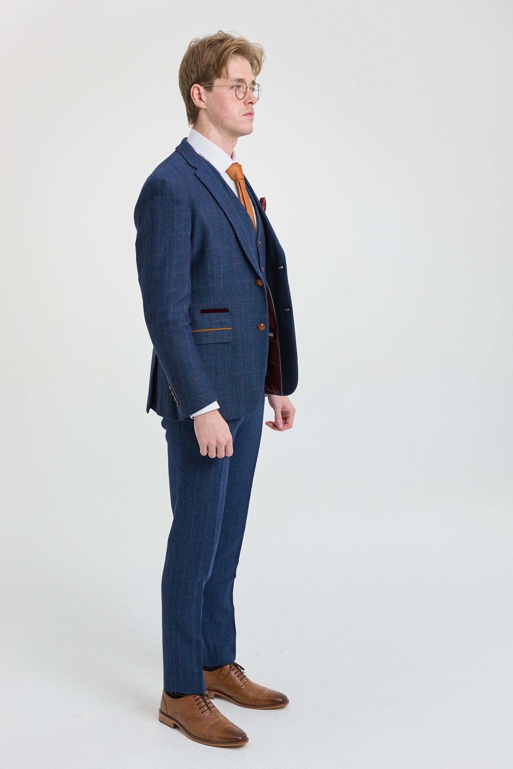 Traje de tres piezas de tweed a cuadros azul para hombre de Scott
