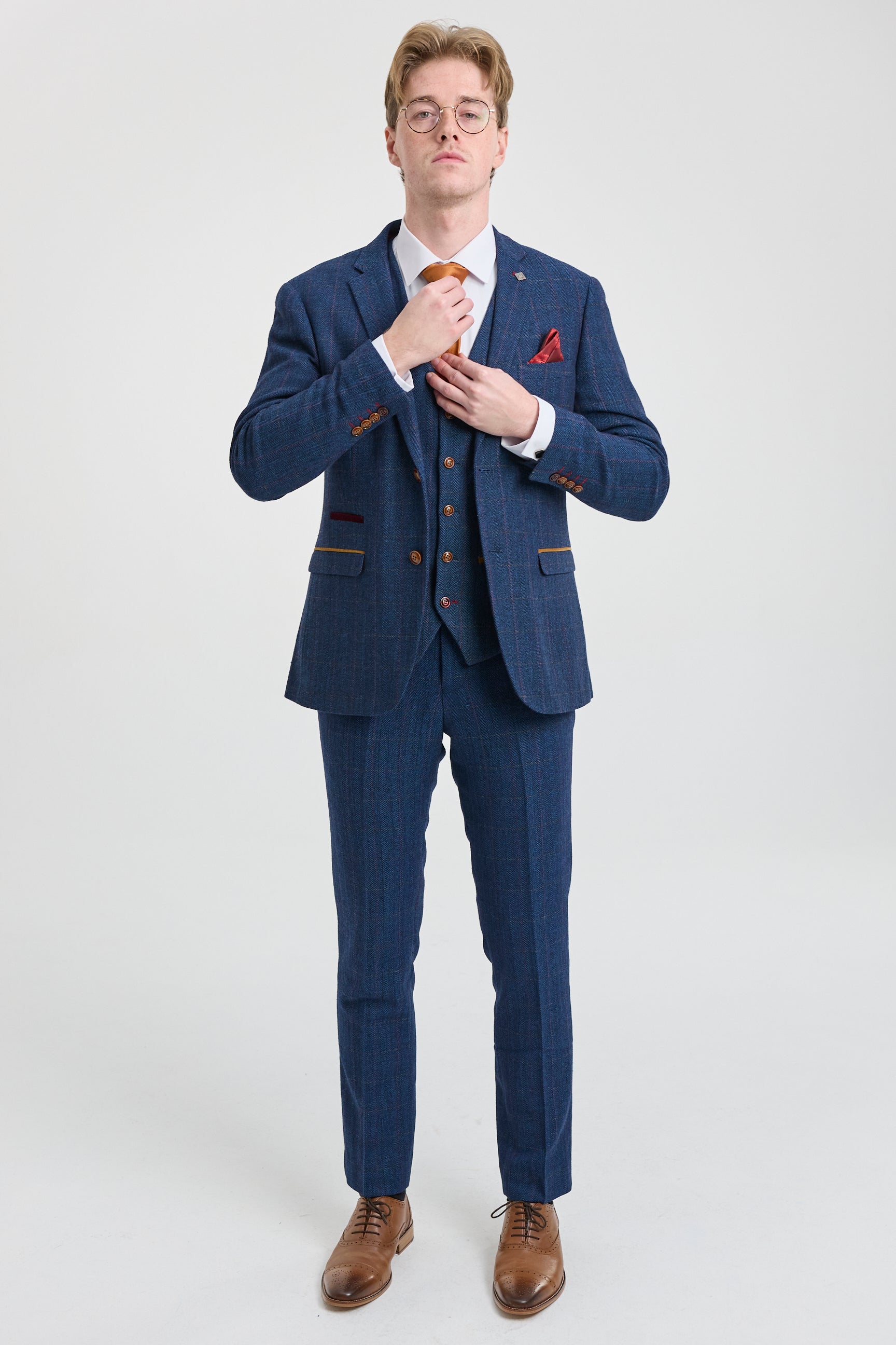 Traje de tres piezas de tweed a cuadros azul para hombre de Scott
