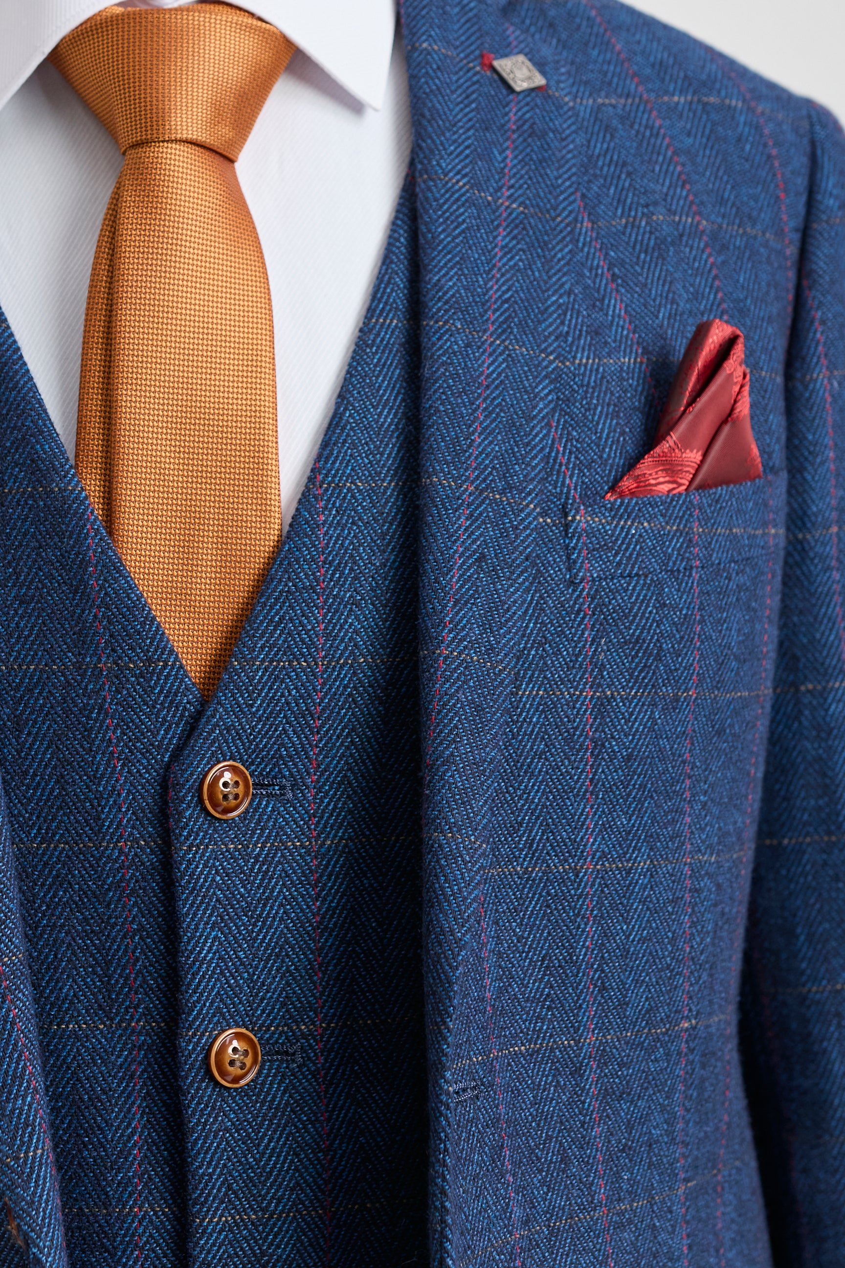 Traje de tres piezas de tweed a cuadros azul para hombre de Scott
