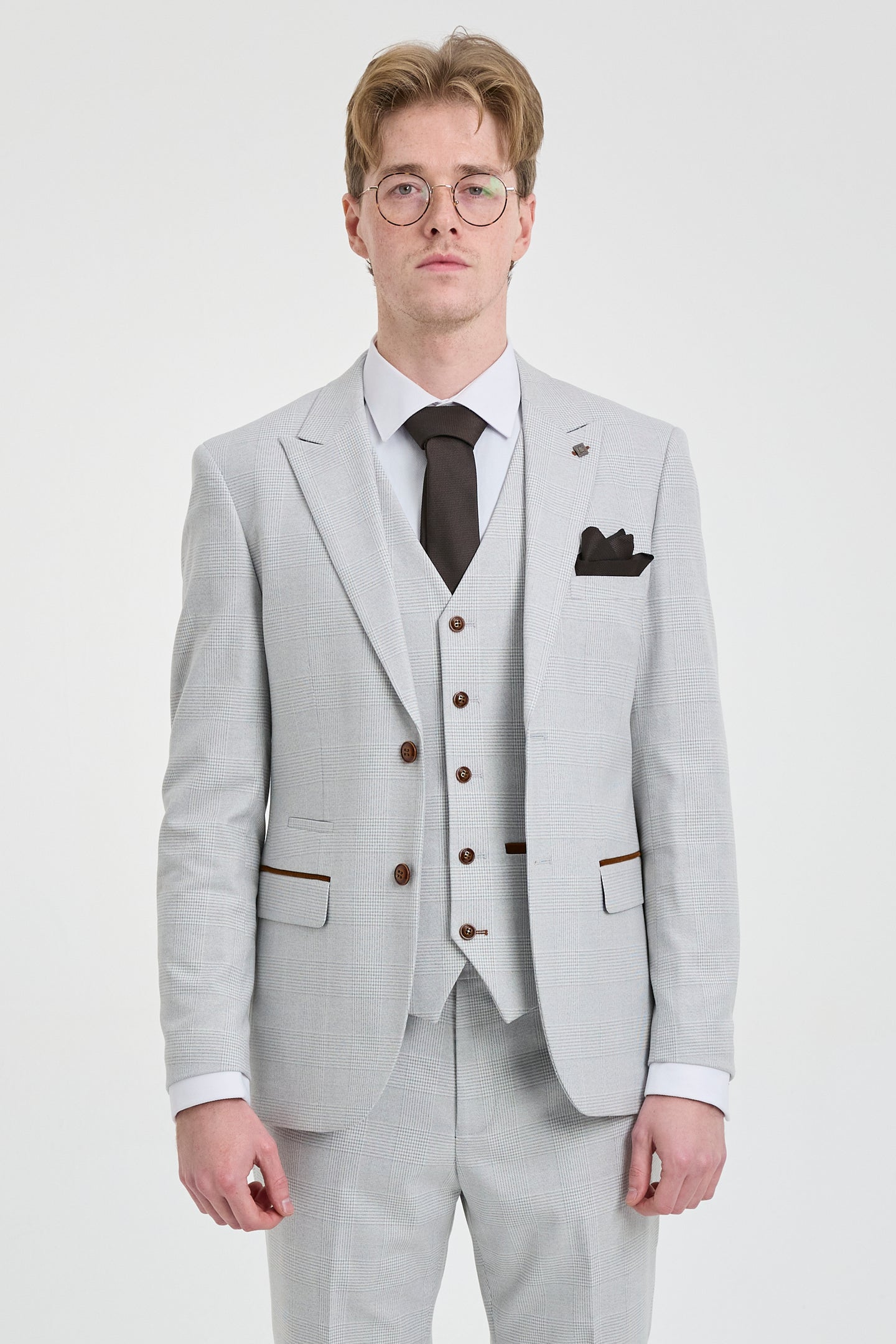 Traje de tres piezas de tweed a cuadros gris piedra para hombre de la marca Mark, con ribete marrón, ideal para bodas y graduaciones.