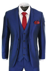 Traje de hombre de 3 piezas azul brillante para bodas, graduaciones y fiestas, corte entallado, elegante y formal.