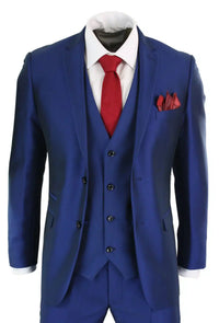 Traje de hombre de 3 piezas azul brillante para bodas, graduaciones y fiestas, corte entallado, elegante y formal.