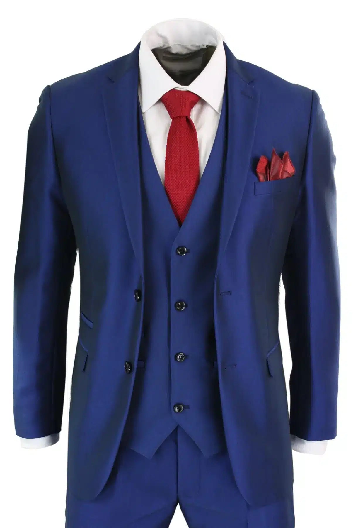 Traje de hombre de 3 piezas azul brillante para bodas, graduaciones y fiestas, corte entallado, elegante y formal.