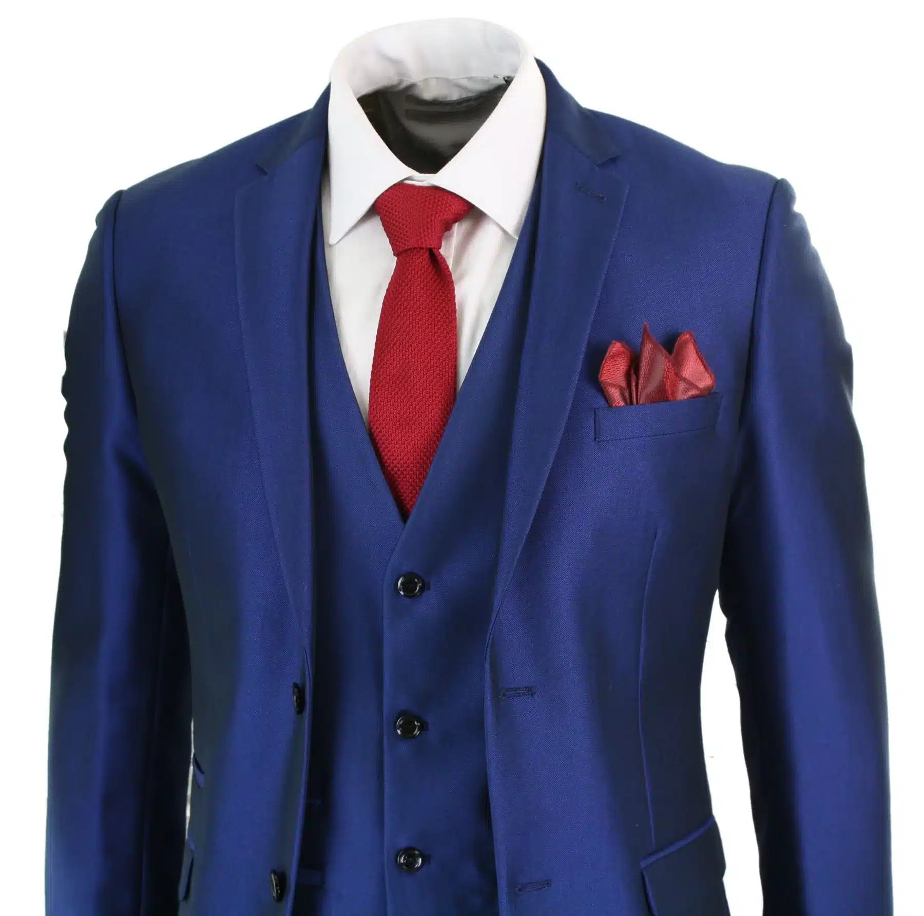 Traje de hombre de 3 piezas azul brillante para bodas, graduaciones y fiestas, corte entallado, elegante y formal.