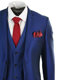 Traje de hombre de 3 piezas azul brillante para bodas, graduaciones y fiestas, corte entallado, elegante y formal.
