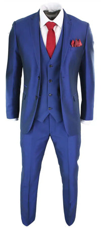 Traje de hombre de 3 piezas azul brillante para bodas, graduaciones y fiestas, corte entallado, elegante y formal.