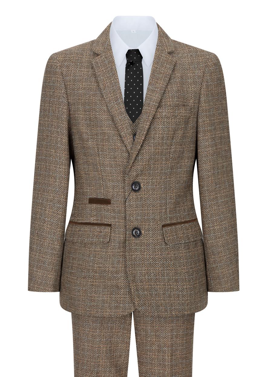 Traje de 3 piezas para niño, color marrón, tweed a cuadros, estilo vintage retro, corte entallado, años 20.