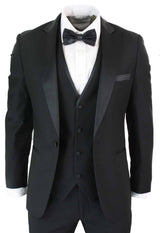 Paul Andrew Regent Black - Traje de esmoquin clásico de satén negro de 3 piezas para hombre, corte entallado, ideal para bodas y graduaciones.