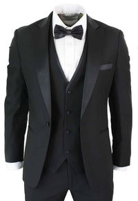 Paul Andrew Regent Black - Traje de esmoquin clásico de satén negro de 3 piezas para hombre, corte entallado, ideal para bodas y graduaciones.