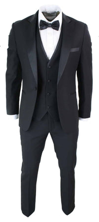 Paul Andrew Regent Black - Traje de esmoquin clásico de satén negro de 3 piezas para hombre, corte entallado, ideal para bodas y graduaciones.