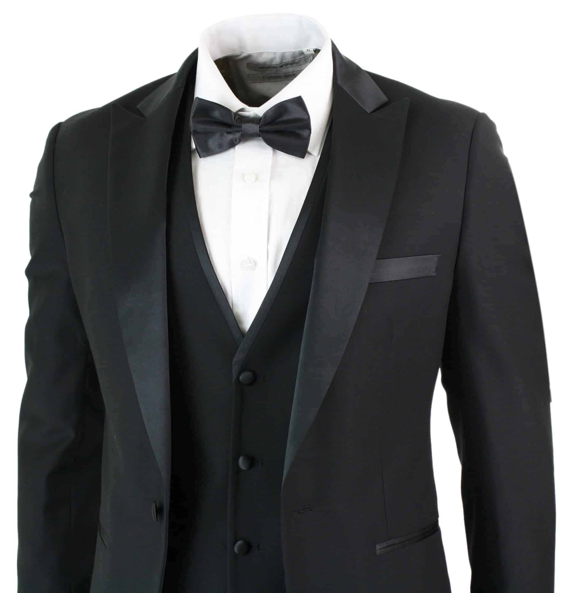 Paul Andrew Regent Black - Traje de esmoquin clásico de satén negro de 3 piezas para hombre, corte entallado, ideal para bodas y graduaciones.