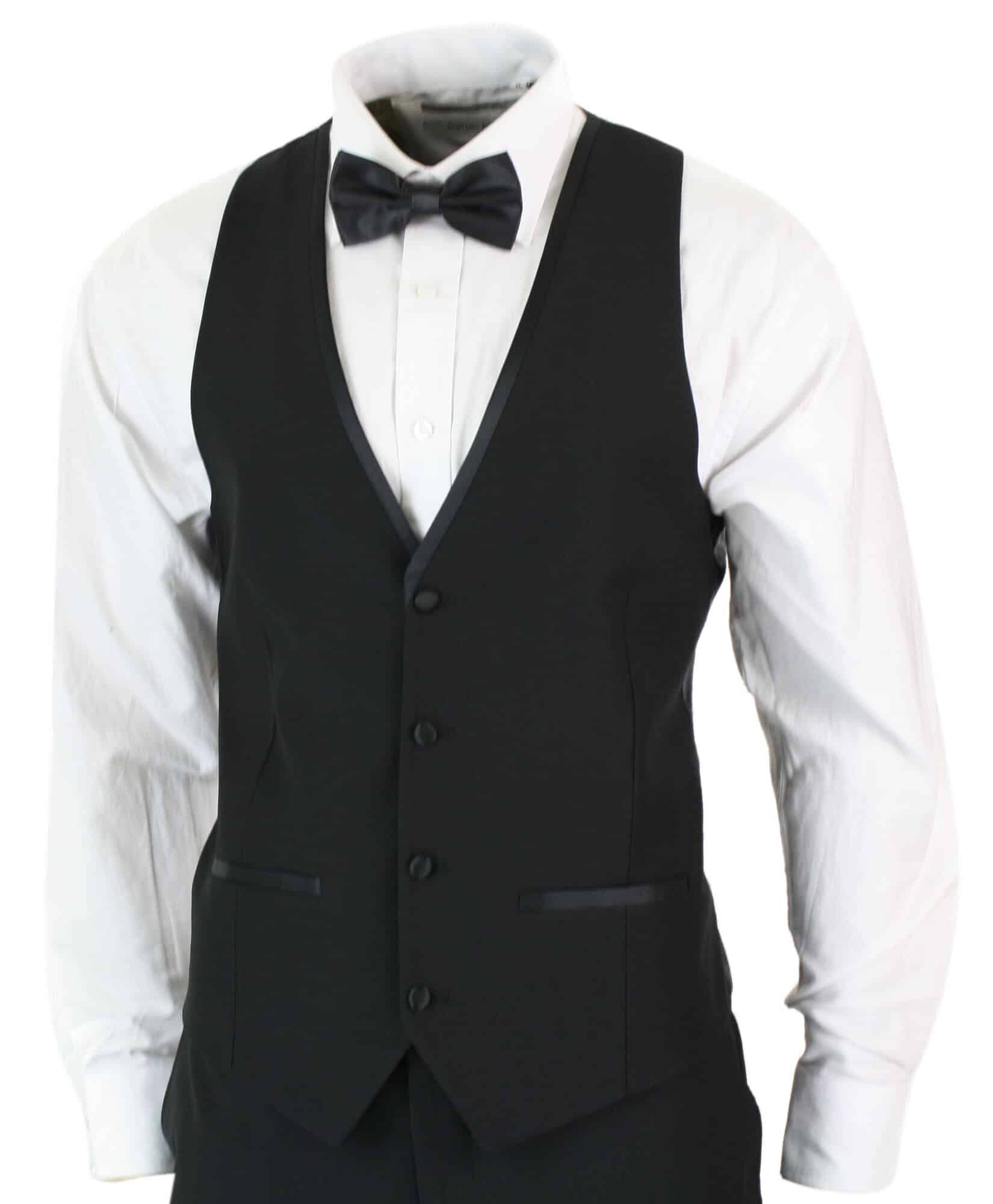 Paul Andrew Regent Black - Traje de esmoquin clásico de satén negro de 3 piezas para hombre, corte entallado, ideal para bodas y graduaciones.
