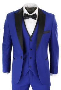 Paul Andrew Regent Blue - Traje de esmoquin de 3 piezas para hombre, azul y negro, satén, corte entallado, ideal para bodas, graduaciones y novios.