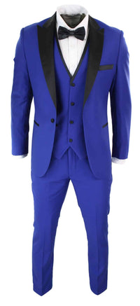 Paul Andrew Regent Blue - Traje de esmoquin de 3 piezas para hombre, azul y negro, satén, corte entallado, ideal para bodas, graduaciones y novios.