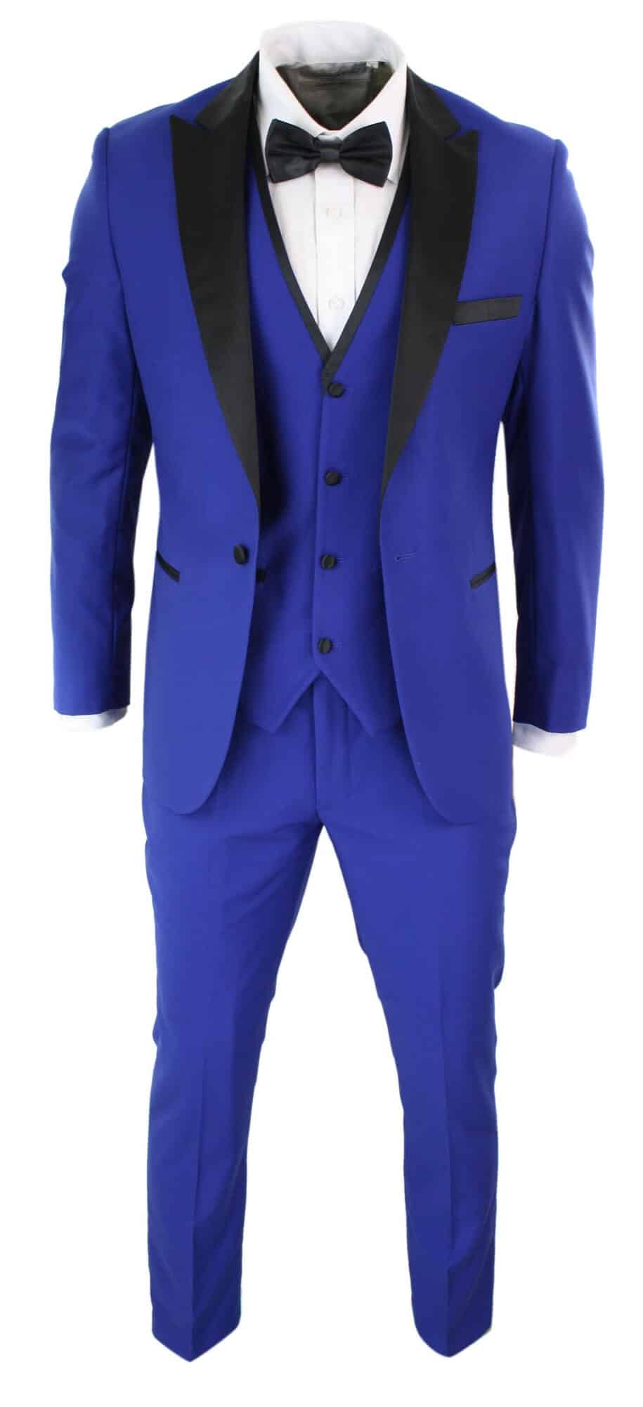 Paul Andrew Regent Blue - Traje de esmoquin de 3 piezas para hombre, azul y negro, satén, corte entallado, ideal para bodas, graduaciones y novios.