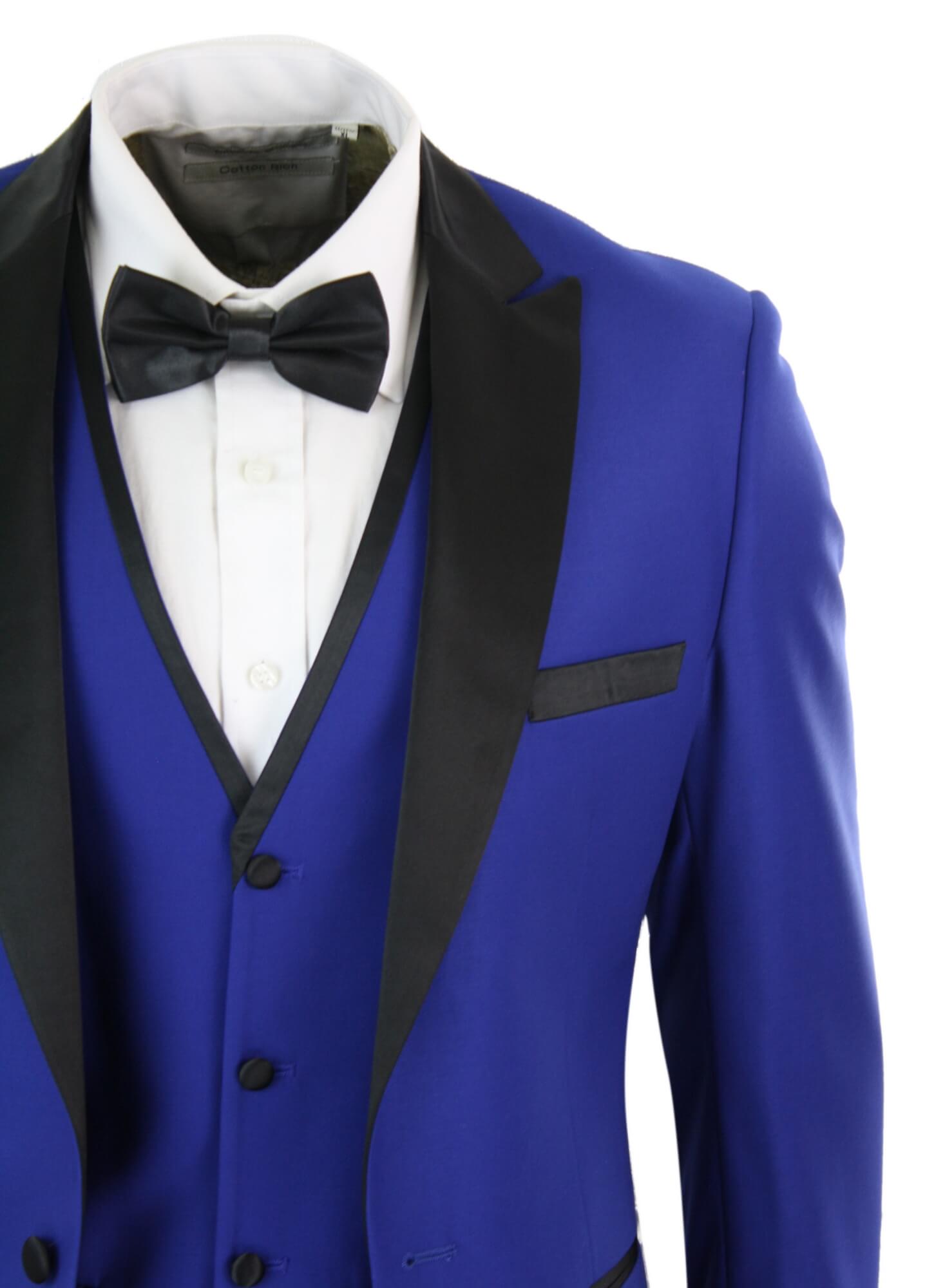 Paul Andrew Regent Blue - Traje de esmoquin de 3 piezas para hombre, azul y negro, satén, corte entallado, ideal para bodas, graduaciones y novios.