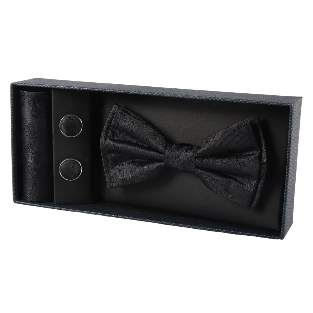 Set de regalo para hombre: pajarita negra, pañuelo de bolsillo y gemelos.