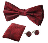 Set de regalo para hombre: pajarita, pañuelo de bolsillo, gemelos y corbata de moño color vino.