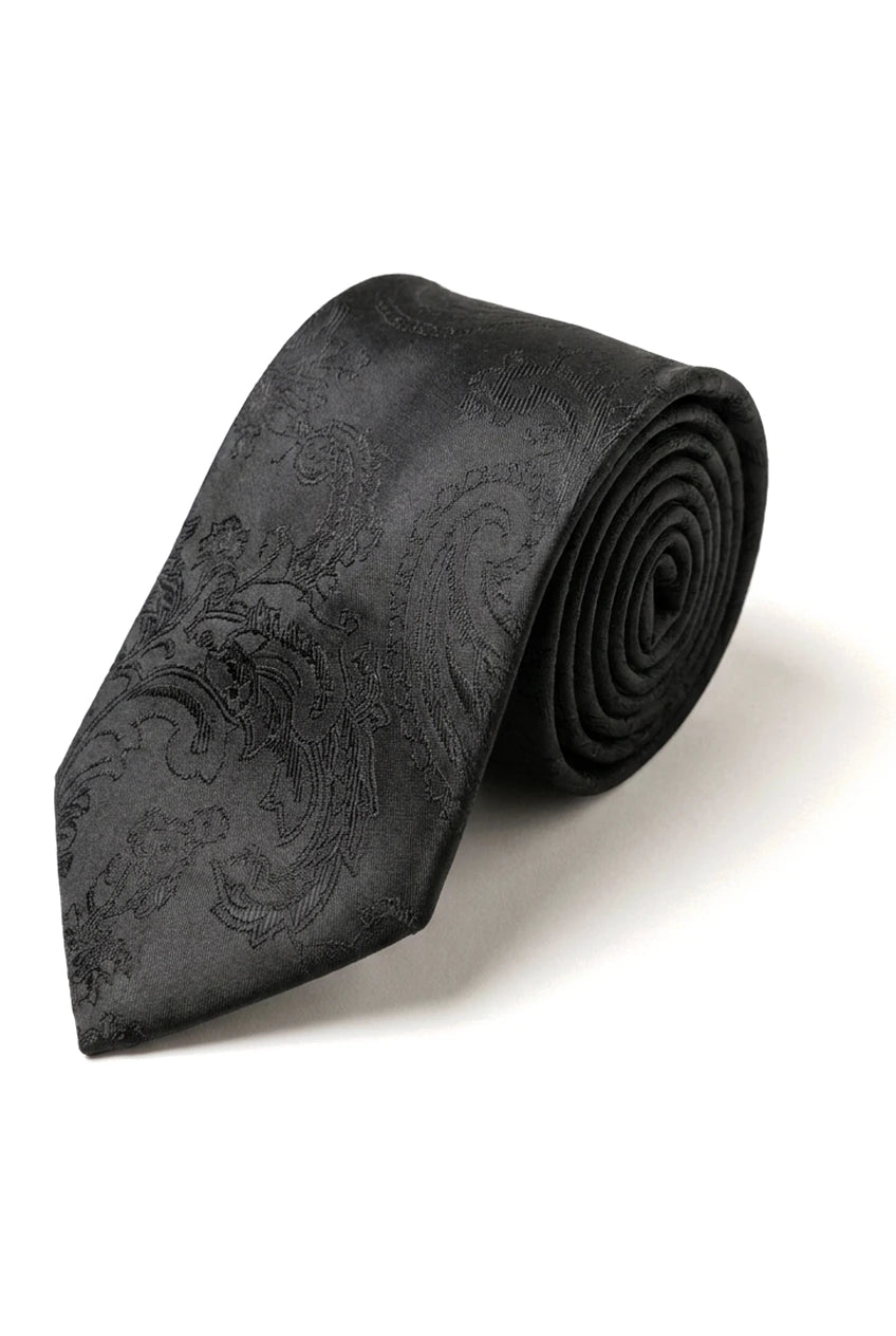 Conjunto de regalo de corbata negra con cuello estampado paisley, pañuelo de bolsillo y gemelos de satén floral.