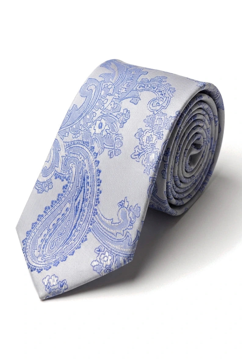 Conjunto de regalo: corbata azul con estampado paisley, pañuelo de bolsillo, gemelos y satén floral.