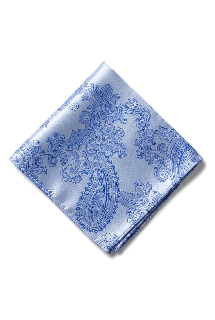 Conjunto de regalo: corbata azul con estampado paisley, pañuelo de bolsillo, gemelos y satén floral.